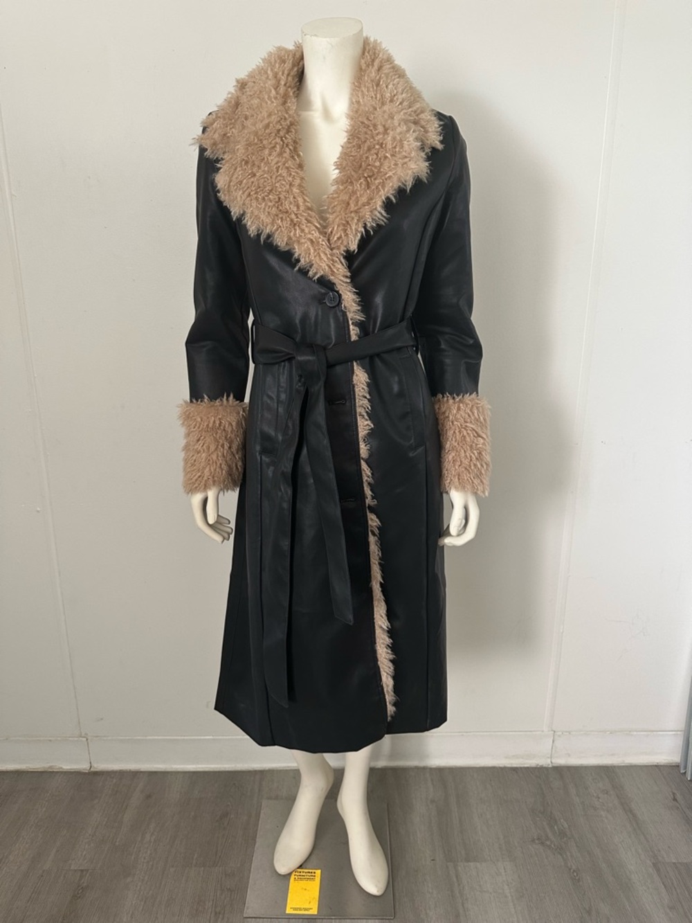 Windsor Black Vegan Leather Trench with Tan Faux Fur Trim